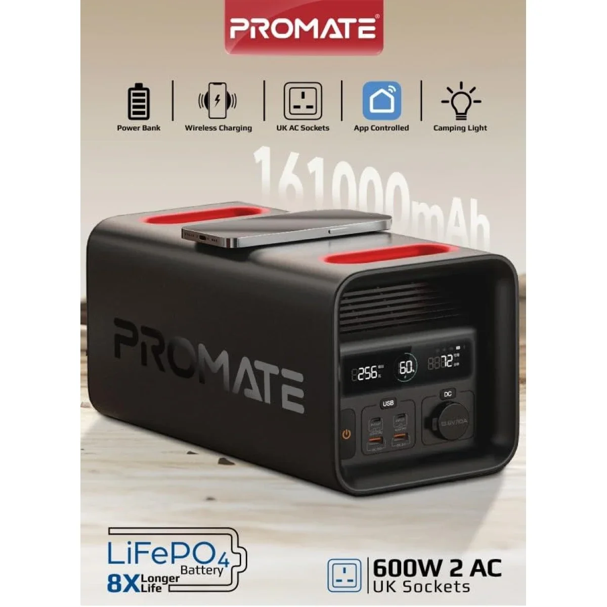محطة طاقة محمولة Promate PowerTank-600 بقدرة 600W وبطارية LiFePO4 سعة 161000mAh لون أسود - Thumbnail 3