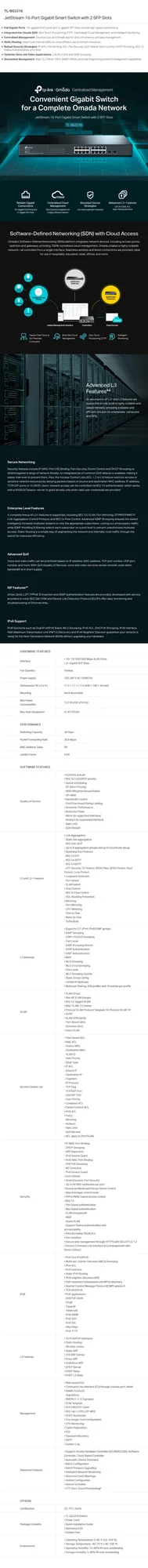 سويتش TP-LINK JetStream TL-SG2218 ذكي مُدار جيجابت 16 منفذ مع 2 منفذ SFP - Thumbnail 3