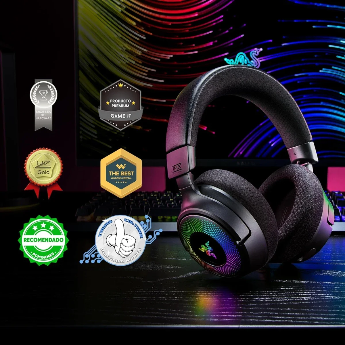 سماعة ألعاب Razer Kraken V4 لاسلكية مع Bluetooth وUSB، مشغلات 40 مم وإضاءة RGB بـ9 مناطق - أسود - Thumbnail 2