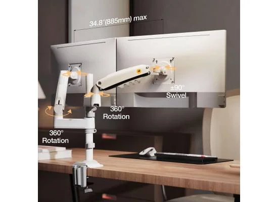 North Bayou H180 Dual Monitor Desk Mount Arm for 2 Screens up to 27-Inch, 9 kg Each, White - Thumbnail 8