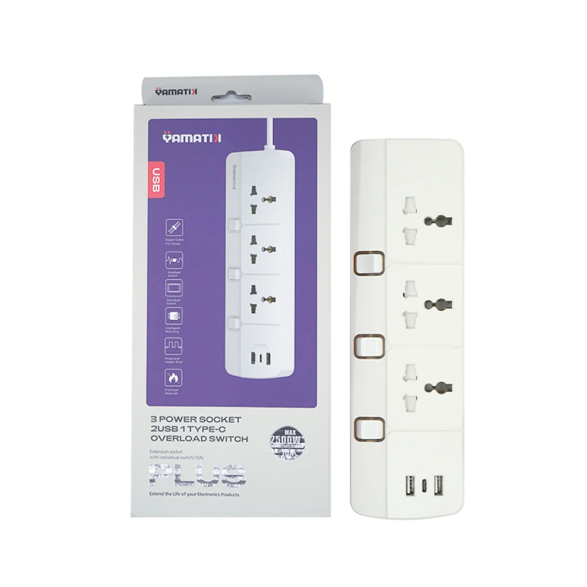 مشترك كهرباء Yamatik PLUS-103U بكابل 2.5 متر و3 مقابس AC، 220–250 فولت 10 أمبير - Image 2
