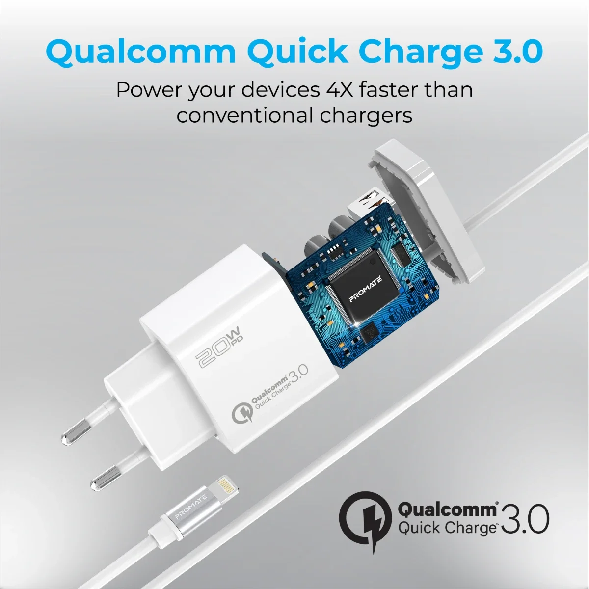شاحن حائط Promate iCharge-PDQC3 سريع 20 واط مع كابل Lightning بطول 1.5 متر ومنفذ USB-A QC 3.0، أبيض - Thumbnail 3