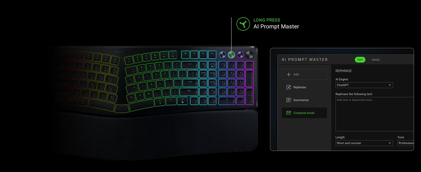 كيبورد Razer Pro Type Ergo لاسلكي مريح بتصميم منفصل وإضاءة RGB - أسود - Thumbnail 16