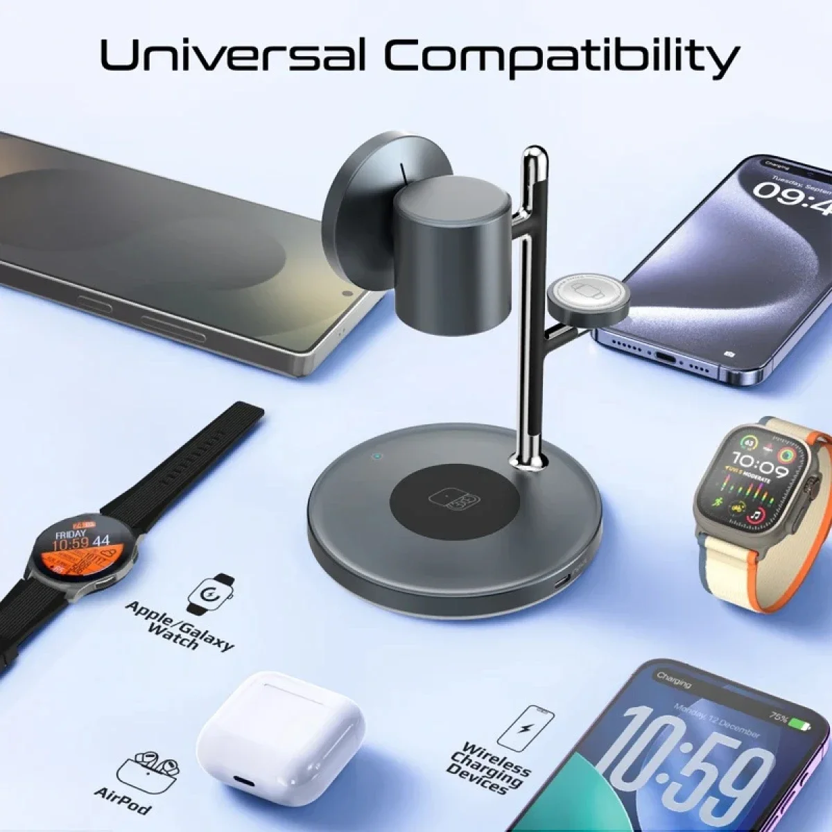 Promate Synergy-3 4-in-1 Qi2 MagSafe Compatible Wireless Charging Station with Night Lamp - Black - Thumbnail 3