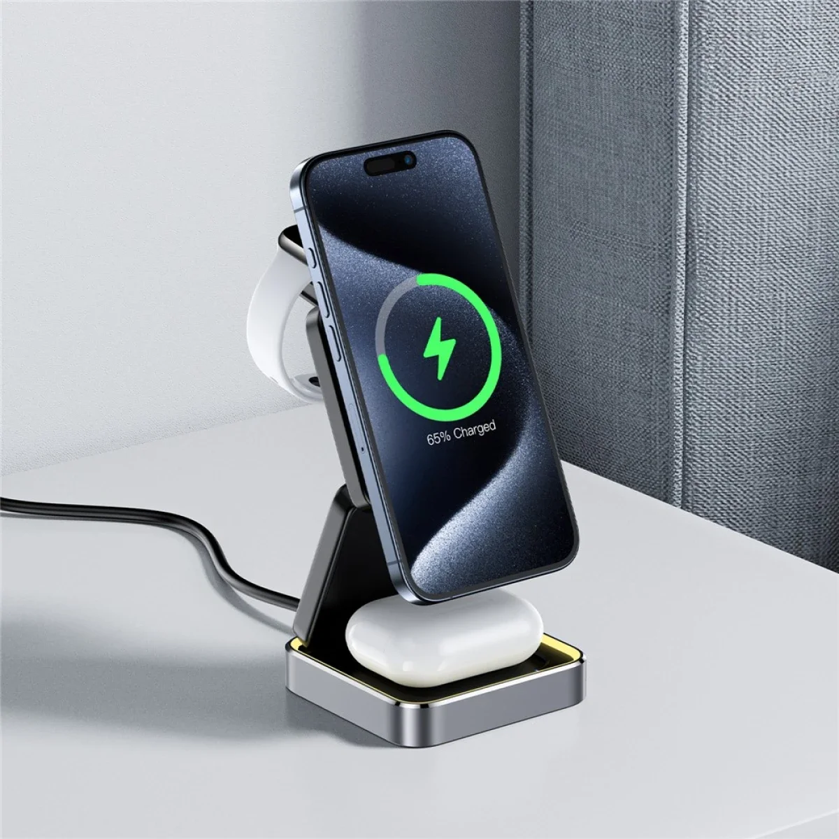 ACEFAST E20 3-in-1 Desktop Wireless Charging Station for Phone, Watch & Earbuds - Gray - Image 3