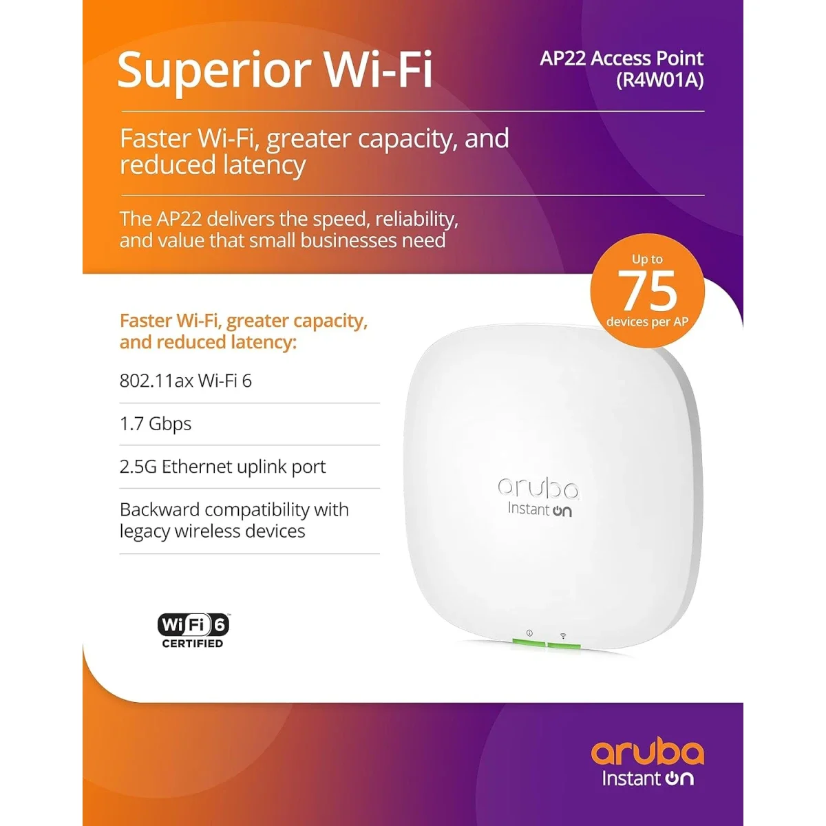 جهاز واي فاي لاسلكي لتغطية مساحات كبيرة لاستخدام الانترنت نوع  Aruba Instant On AP22 Wi‑Fi 6 2x2 مع دعم Smart Mesh - Thumbnail 2