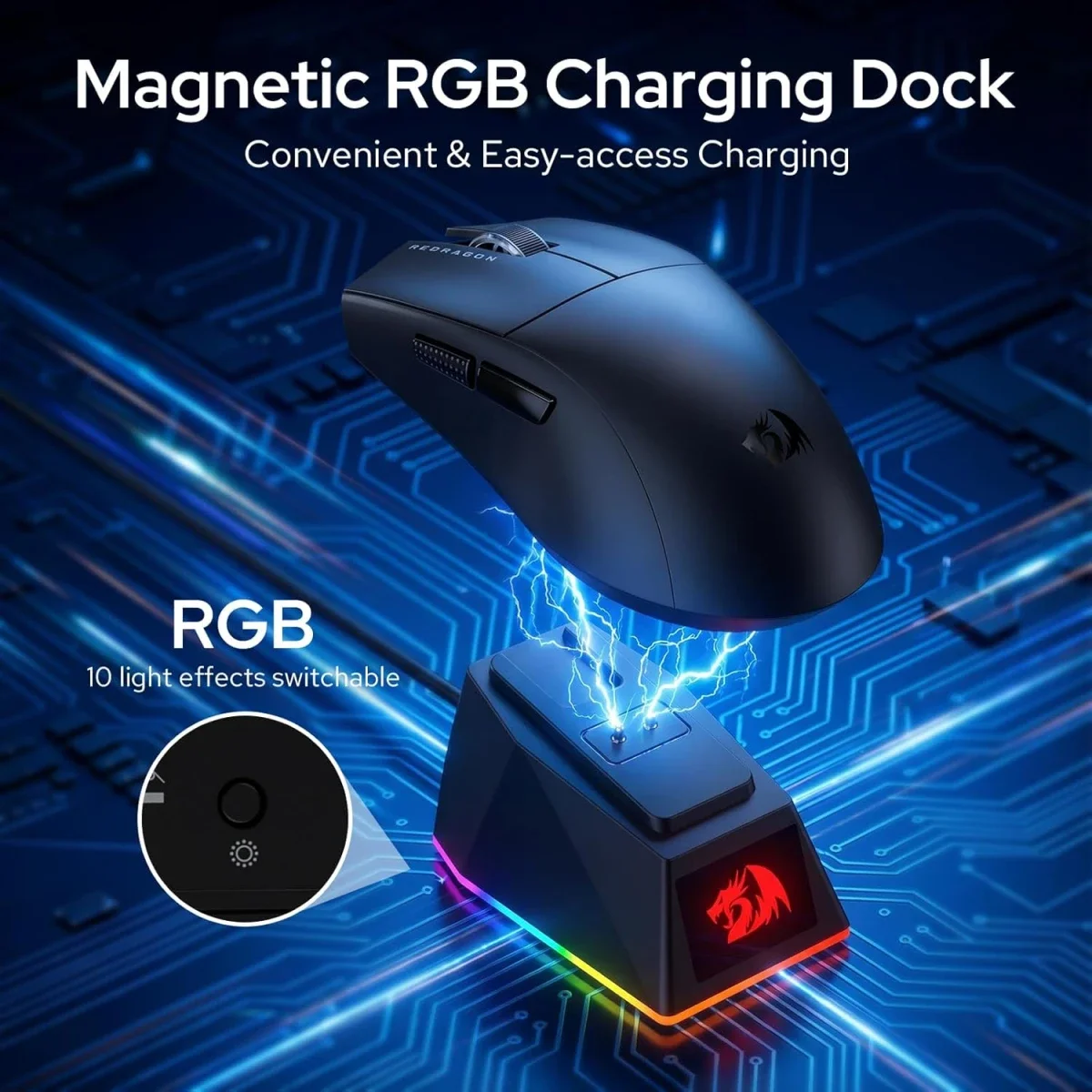 ماوس ألعاب Redragon K1NG M999 لاسلكي فائق الخفة ثلاثي الاتصال مع قاعدة شحن RGB، أسود، 45000 DPI - Thumbnail 3