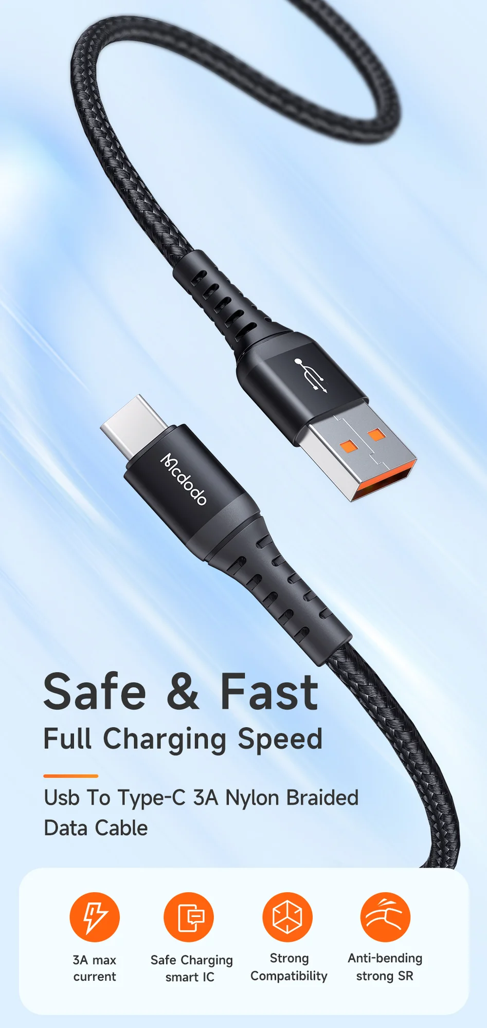 كيبل شحن سريع Mcdodo CA-2271 من USB-A إلى USB-C بطول 1 متر، أسود - Thumbnail 7