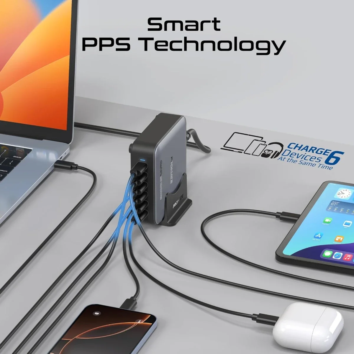 محطة شحن مكتبية Promate PowerBase-GaN285 بتقنية GaN بقدرة 285 واط و6 منافذ USB-C - أسود - Thumbnail 4