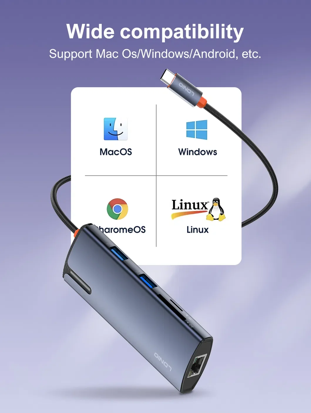 محطة إرساء LDNIO DS-18H ‏8 في 1 بمنفذ USB-C مع 100W PD و4K HDMI وRJ45 وSD/TF - رمادي - Thumbnail 14