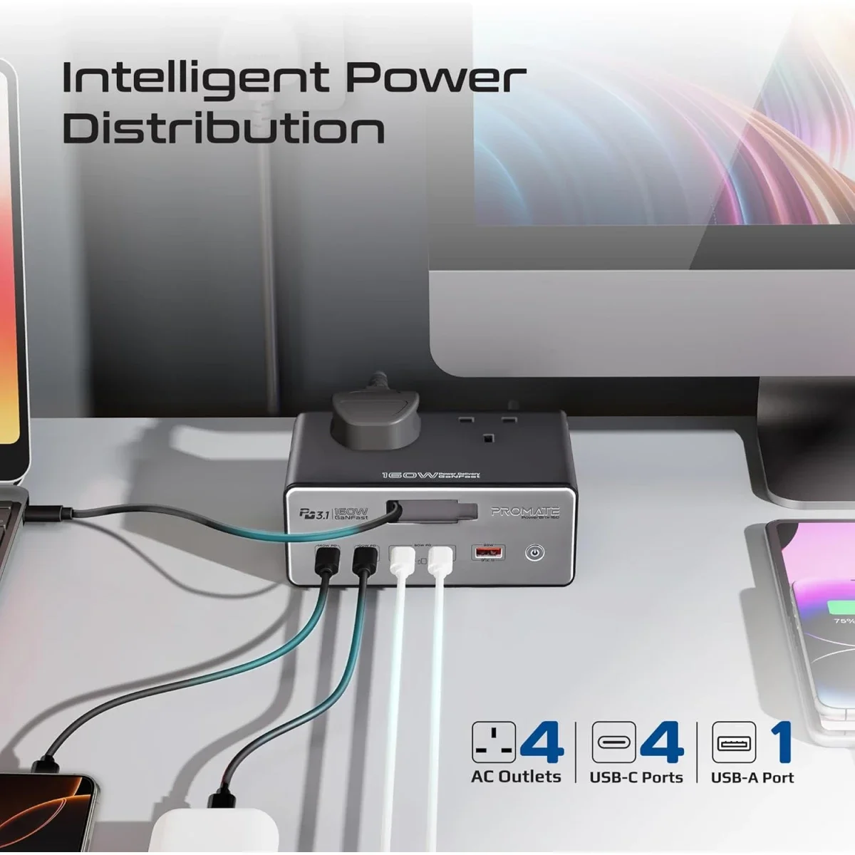 محطة شحن Promate PowerBrix-160 GaNFast بقدرة 160 واط مع 4 مقابس AC وكابل USB-C قابل للسحب - رمادي - Thumbnail 4