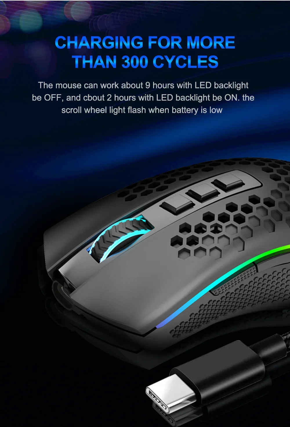 Redragon M808 Storm Pro Wireless RGB Honeycomb Gaming Mouse, 16,000 DPI, Black - Thumbnail 16