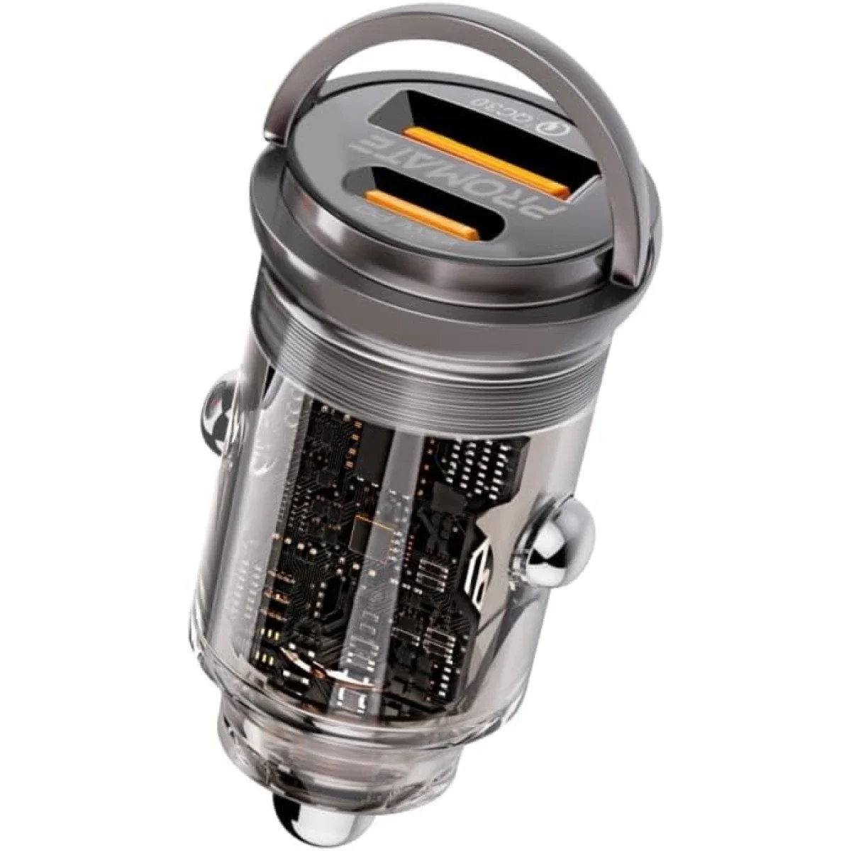 Promate TransDrive-65W Transparent 65W Car Charger with USB-C PD and USB-A QC 3.0