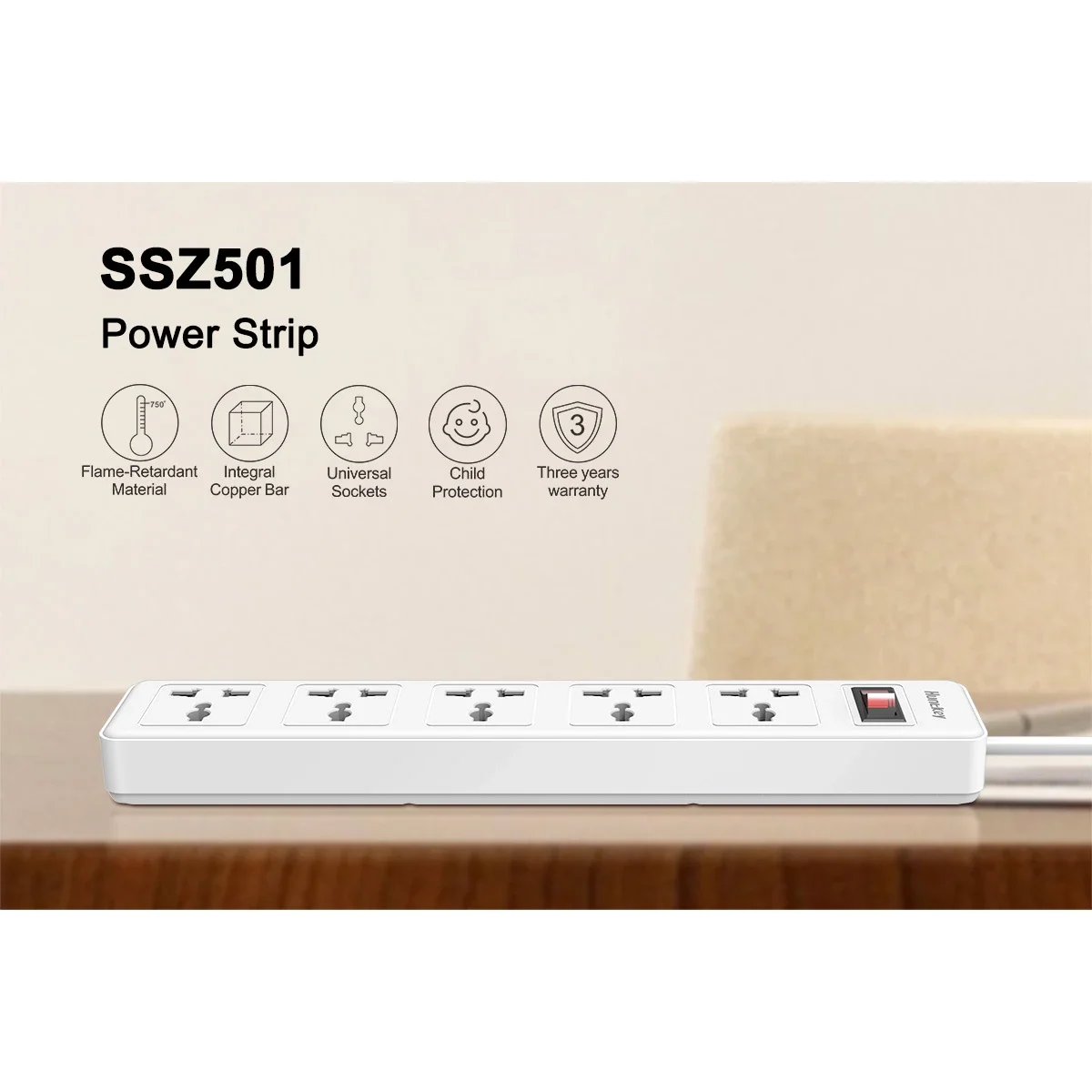 Huntkey SSZ501 Universal Power Strip, 5 Outlets, 3m, White - Image 4