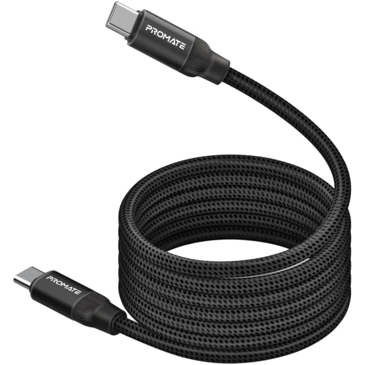 كابل Promate Springy USB-C إلى USB-C مغناطيسي مجدول 60 واط 120 سم أسود - Image 1