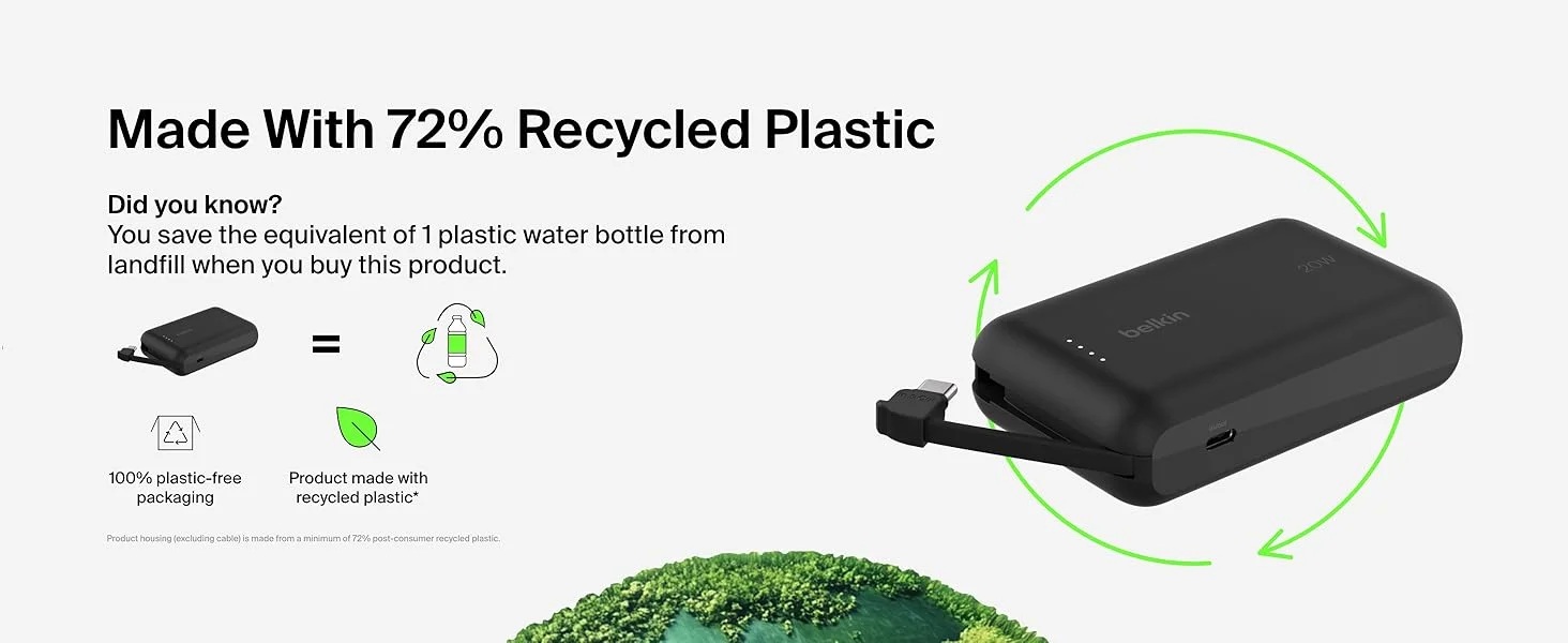 بطارية محمولة Belkin BoostCharge بسعة 10000mAh مع كابل USB-C مدمج وشحن PD بقوة 20W - أسود - Thumbnail 10