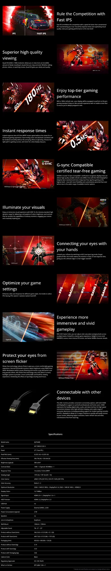 AOC Q27G40E 27-Inch QHD Fast IPS Gaming Monitor, 180Hz, 0.5ms - Thumbnail 4