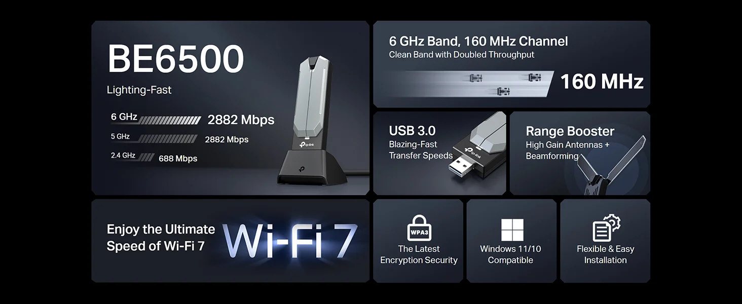 TP-LINK Archer TBE400UH BE6500 Wi-Fi 7 Tri-Band USB 3.0 Adapter for PC - Black - Thumbnail 8