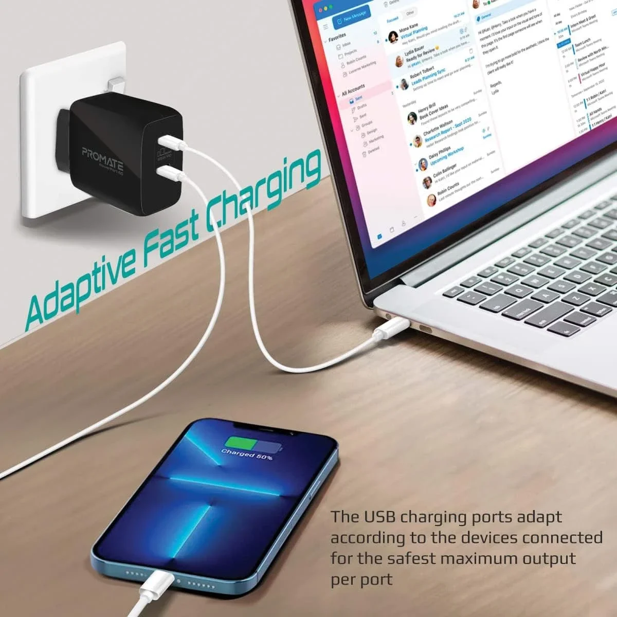 Promate PowerPort-65 65W GaN USB-C Dual-Port Fast Charger - Thumbnail 5