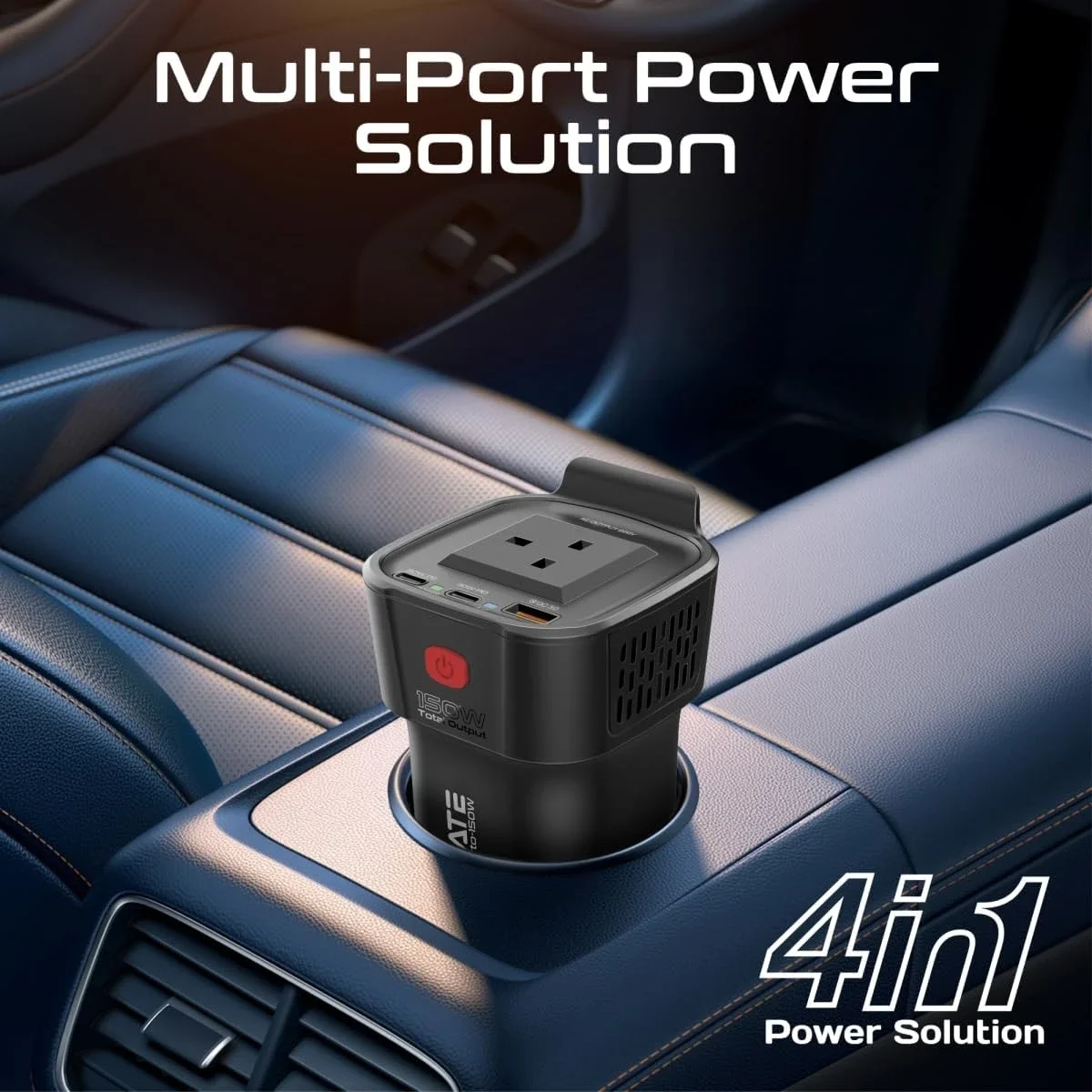 Promate Inverto-150W 4-in-1 Car Power Inverter with 150W AC Socket, Dual PD 30W USB-C & QC 18W USB-A - Black - Image 8