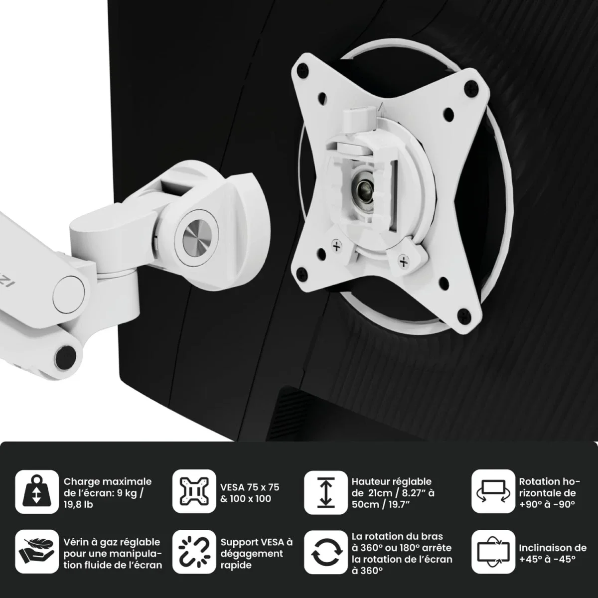 Arozzi Alzare Neo Single Gas Spring Monitor Arm, Up to 9 kg, White - Image 5