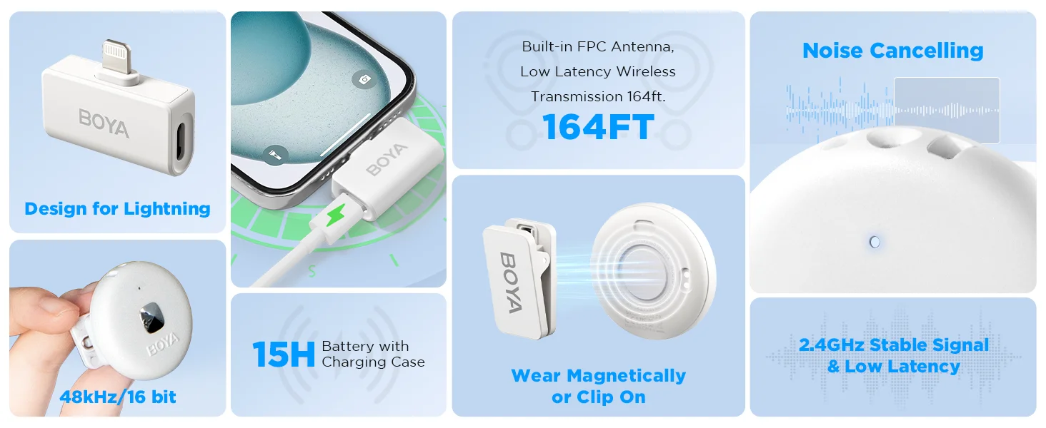 Boya Omic-D Wireless Lavalier Microphone for iPhone, MFi Certified, White - Thumbnail 10