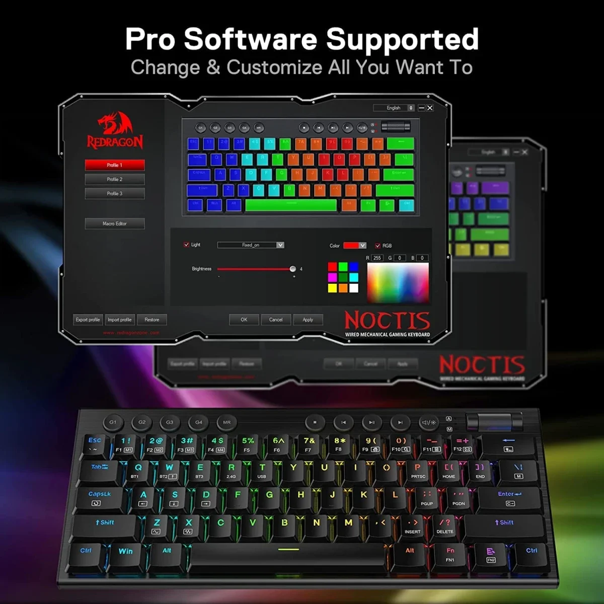 كيبورد Redragon K632 Noctis ميكانيكي 60% سلكي RGB منخفض الارتفاع بمفاتيح Red خطية - Thumbnail 6