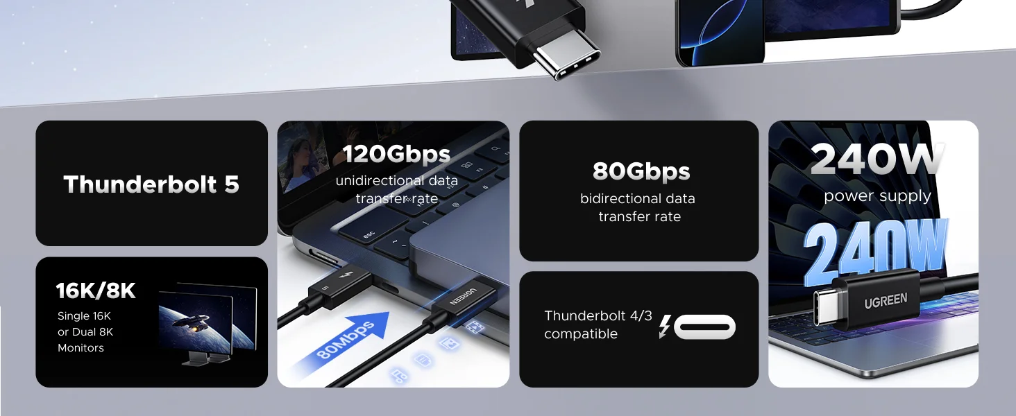 Ugreen Thunderbolt 5 USB-C Cable 240W 80Gbps 1M Black - Image 9