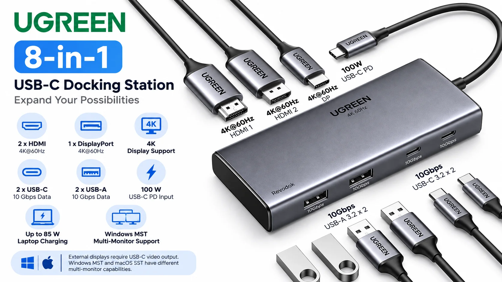 Ugreen 35625 8-in-1 USB-C Docking Station, Dual HDMI, DisplayPort, 100W PD – Grey - Image 11