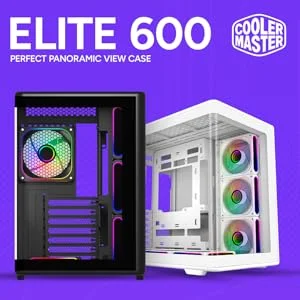 هيكل كمبيوتر Cooler Master Elite 600 ATX ميد تاور باللون الأبيض مع 7 مراوح ARGB عكسية مثبتة مسبقًا - Thumbnail 8