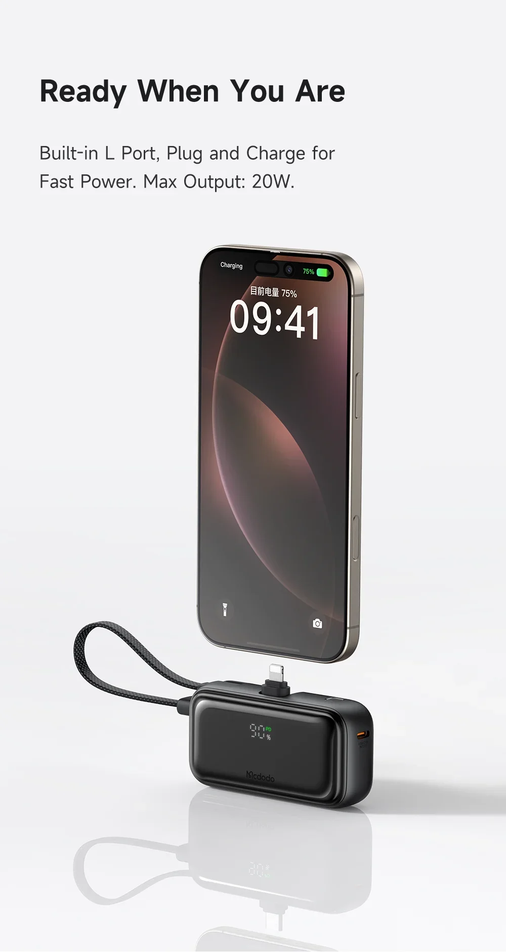 باور بانك Mcdodo MC-7800 MDD Free Kit بسعة 5000mAh وشحن 20W مع قابس iPhone وشاشة رقمية - أسود - Thumbnail 15