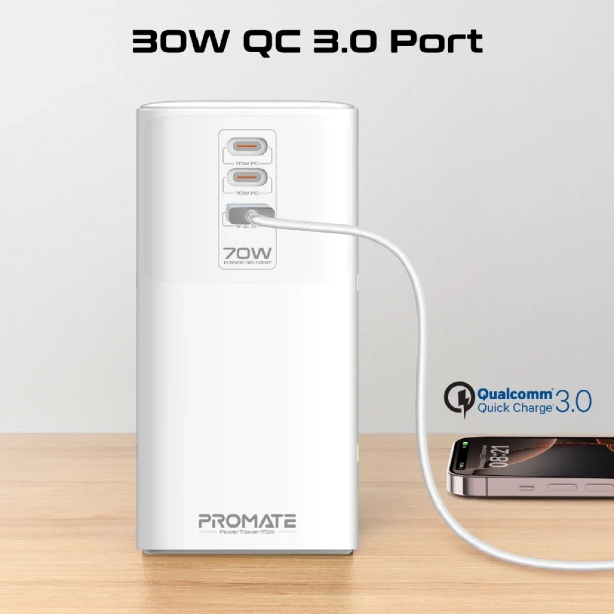 محطة شحن متعددة المنافذ Promate PowerTower-70W مع منفذي USB-C PD بقدرة 70W ومنفذ QC 3.0 بقدرة 30W و4 مقابس AC عالمية - Thumbnail 7