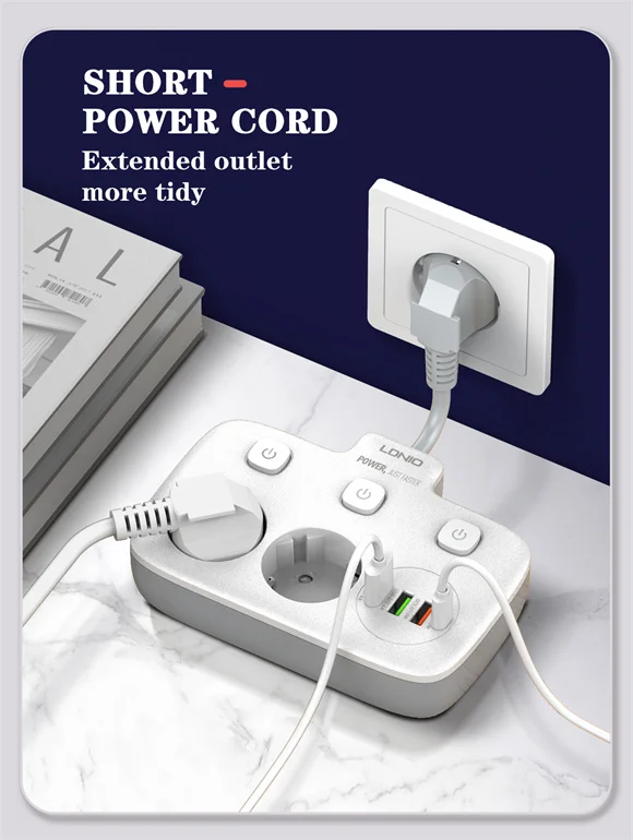 مشترك كهربائي محمول LDNIO SE2435 بمنفذين AC وشحن USB-C PD بقدرة 20W - أبيض - Thumbnail 9