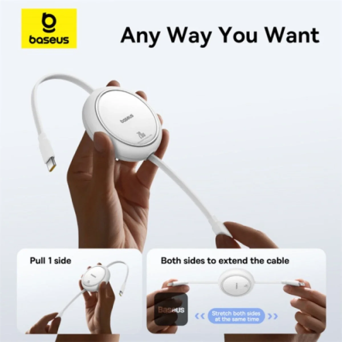 كابل Baseus Free2Pull Mini قابل للسحب من USB-C إلى Lightning بقوة 20W بطول 1 متر أبيض - Image 3