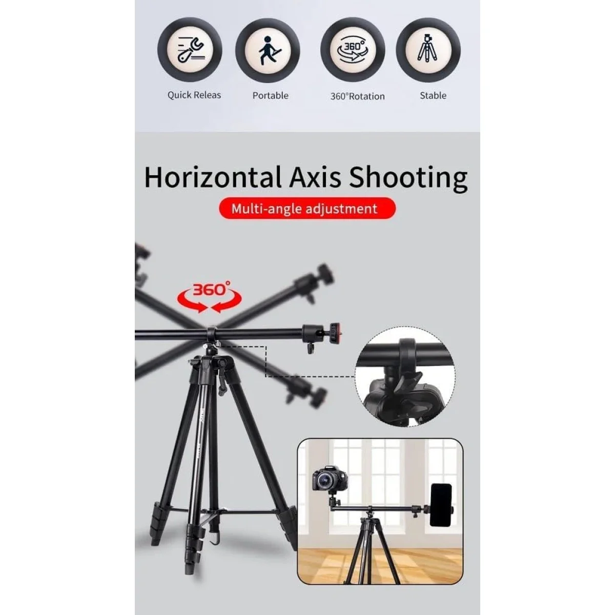 Jmary KP-2207 Professional Multi-Functional Tripod Stand with Camera & Phone Holder - Black - Image 4