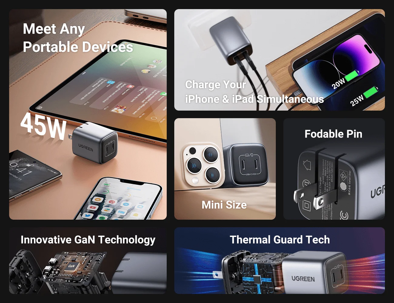 شاحن حائط Ugreen Nexode بقدرة 45W بتقنية GaN ومنفذي USB-C وUSB-A - Thumbnail 9