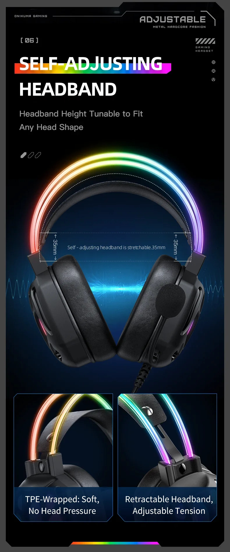 ONIKUMA X89 Gaming Headset with 3.5mm Jack, Surround Sound and RGB Lighting - Black - Thumbnail 16