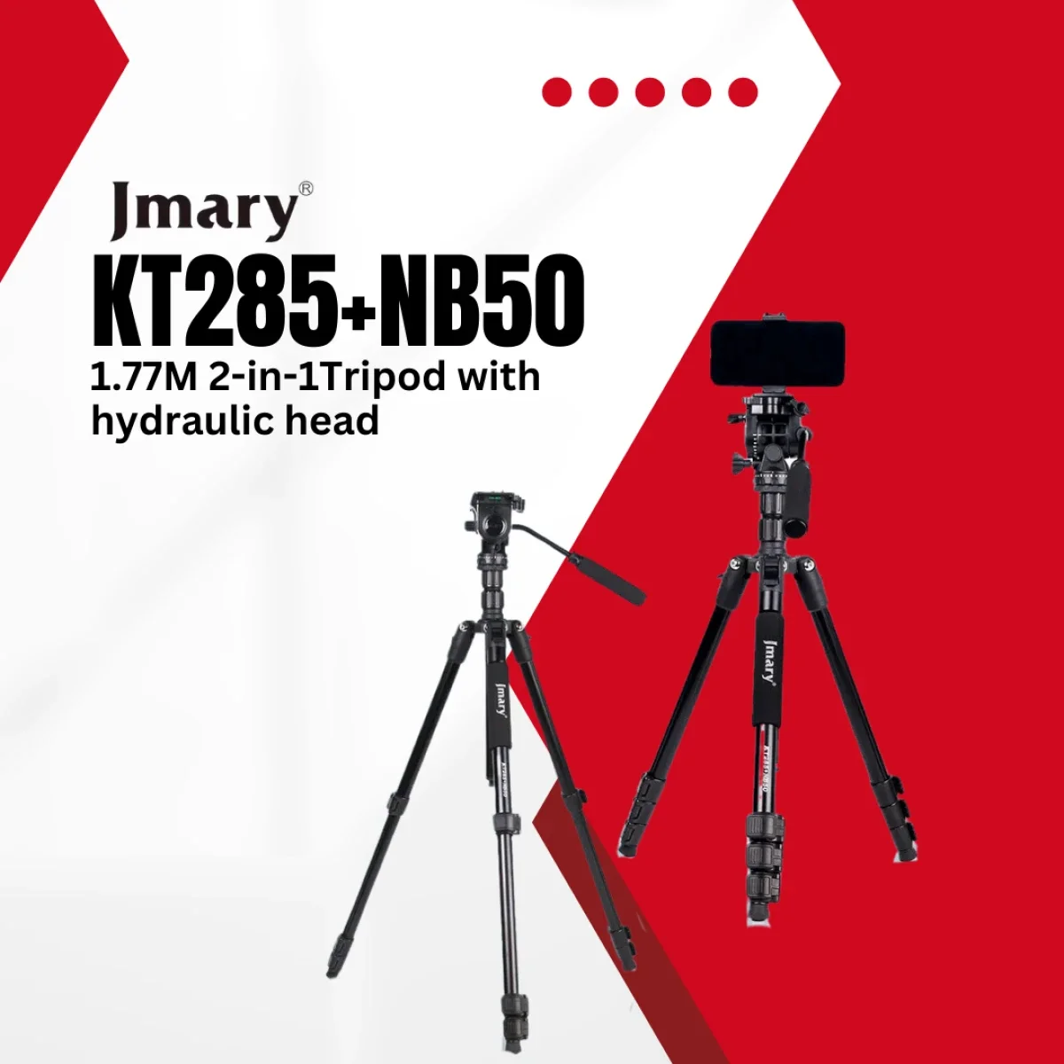 حامل ثلاثي وأحادي احترافي Jmary KT285+NB50 2 في 1 برأس هيدروليكي سائل، 175 سم، أسود