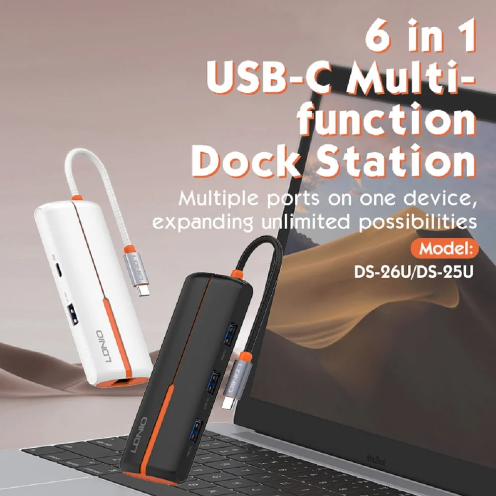محطة توصيل LDNIO DS-26U 6 في 1 مع USB-C PD وUSB 2.0 وUSB 3.0 وRJ45 - Image 4