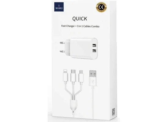 WIWU Wi-U003 Quick Series Dual USB Charger with 3-in-1 Cable, White - Thumbnail 5