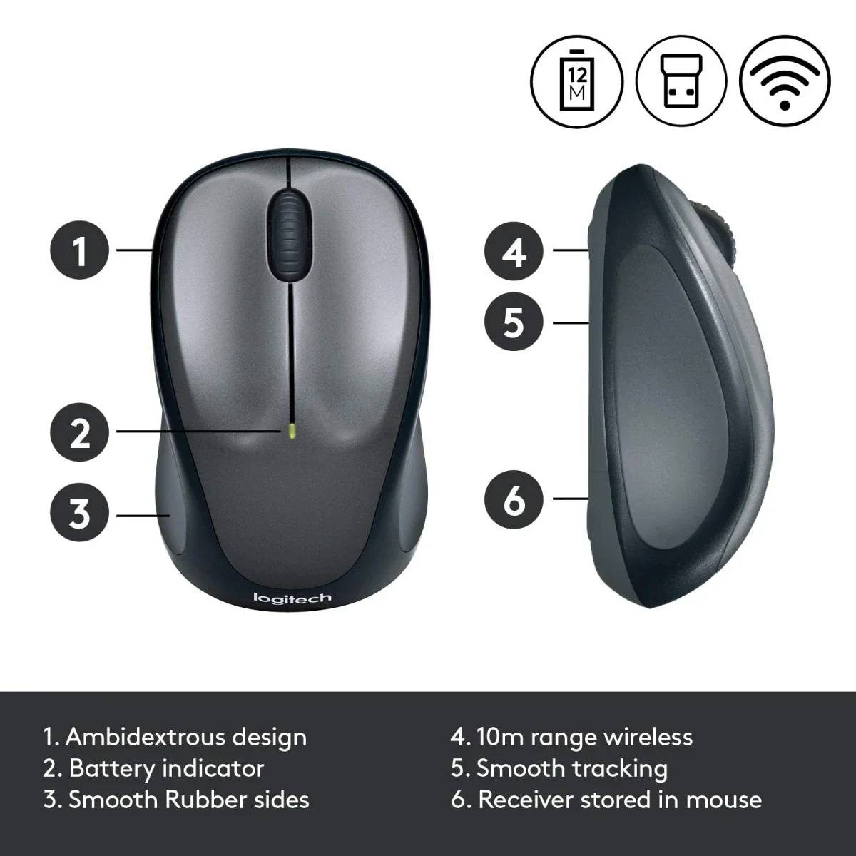 Logitech M235 Wireless Mouse 2.4GHz USB Unifying Receiver 1000 DPI Grey - Thumbnail 2