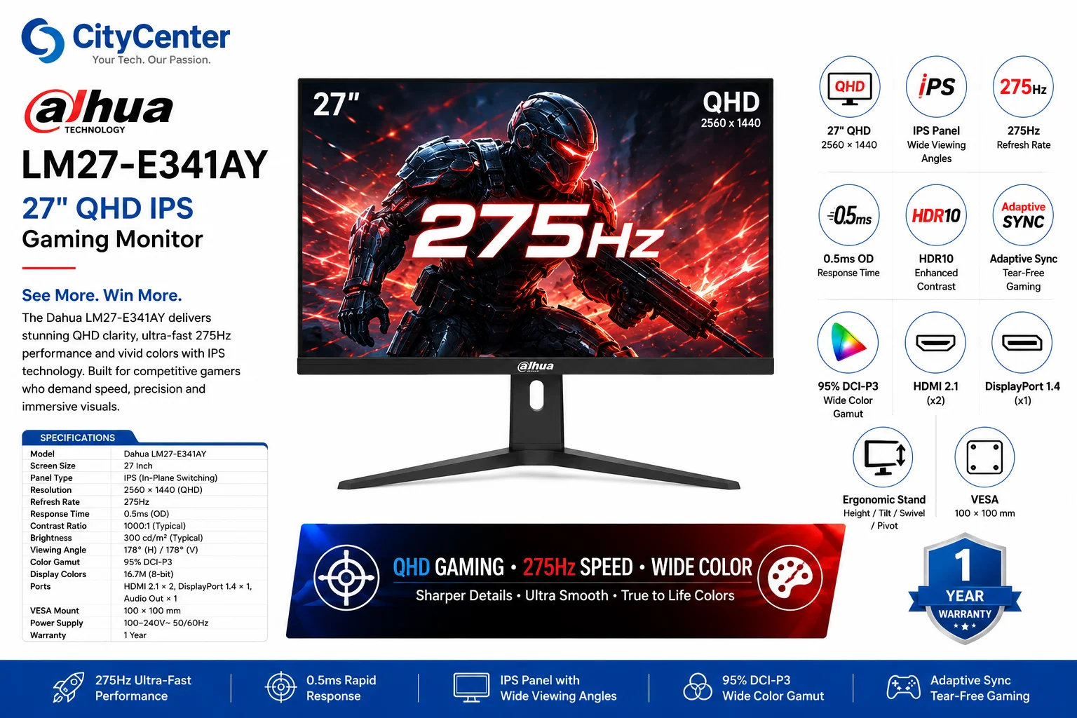 Dahua LM27-E341AY 27-Inch QHD IPS Gaming Monitor, 275Hz, 0.5ms, HDR10 - Thumbnail 3