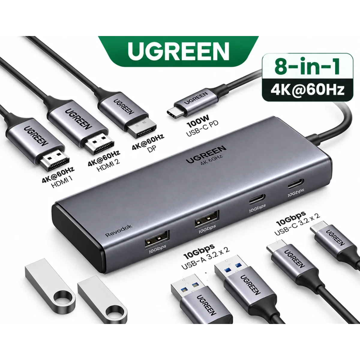 Ugreen 35625 8-in-1 USB-C Docking Station, Dual HDMI, DisplayPort, 100W PD – Grey