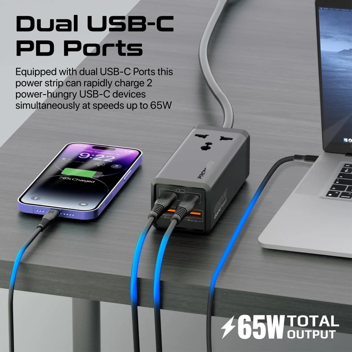 Promate PowerBrix-GaN65 65W GaNFast 5-in-1 Power Strip with 2500W AC Socket & 2m Cable - Thumbnail 6