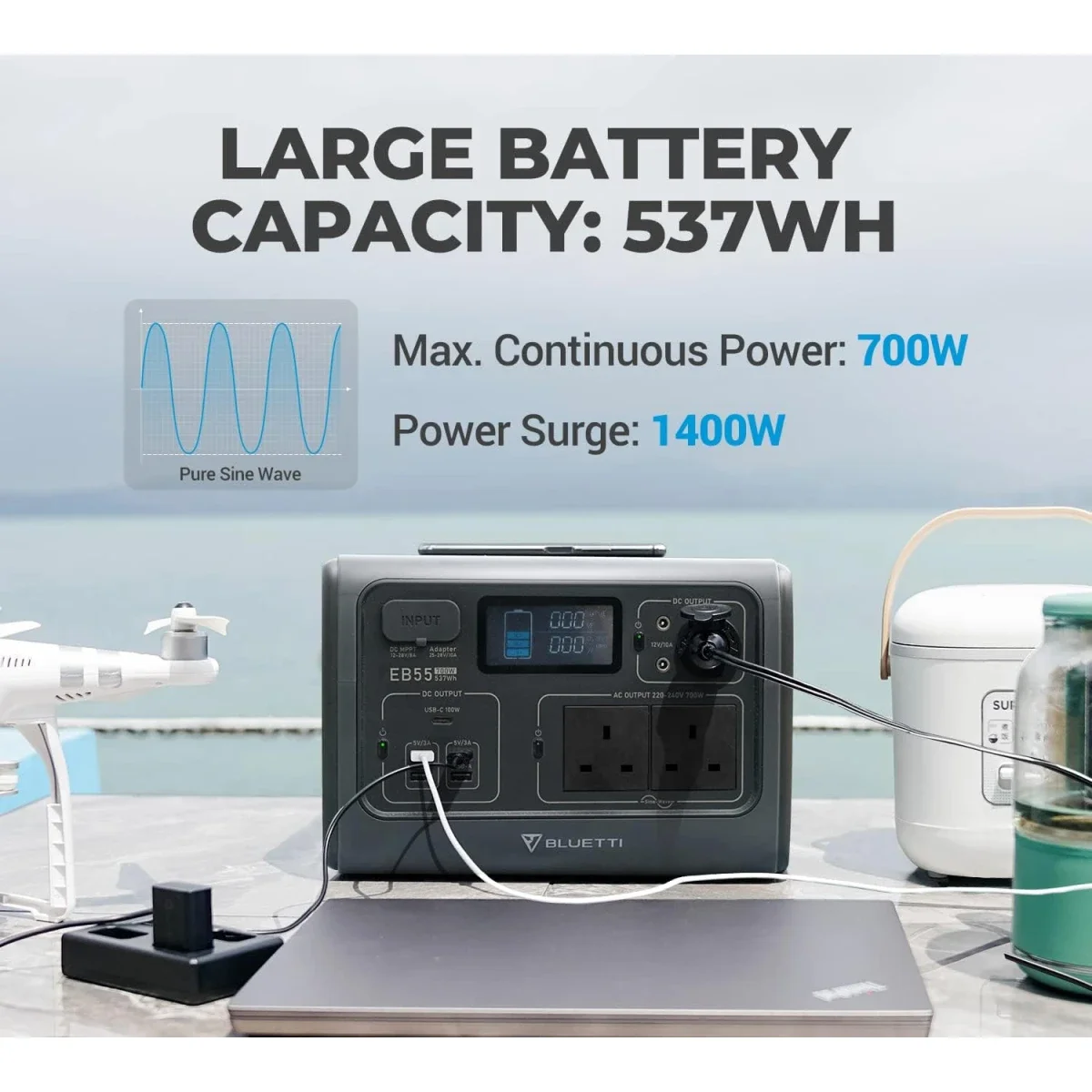 محطة طاقة محمولة BLUETTI EB55 بسعة 537Wh وقدرة 700W LiFePO4 رمادي - Thumbnail 3