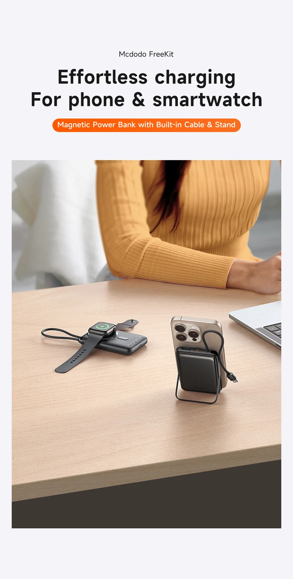 Mcdodo MC-6320 Magnetic Power Bank 10000mAh 20W with Digital Display, USB-C Cable & Stand - Black - Thumbnail 9