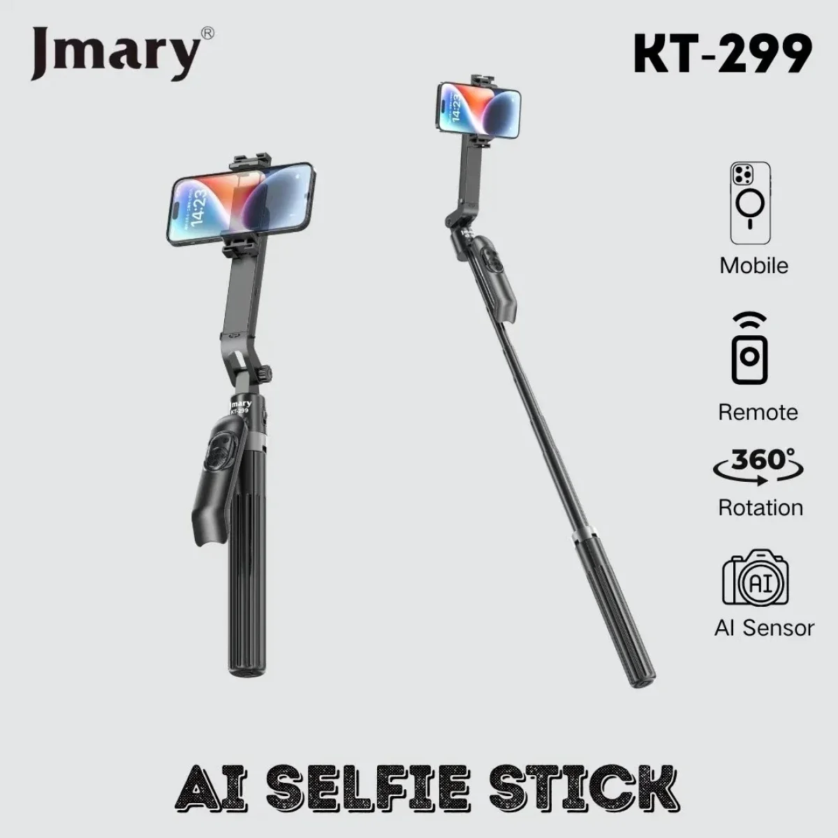 Jmary KT-299 AI Face Tracking Selfie Stick Tripod, 1.8m, 360° Pan, Black
