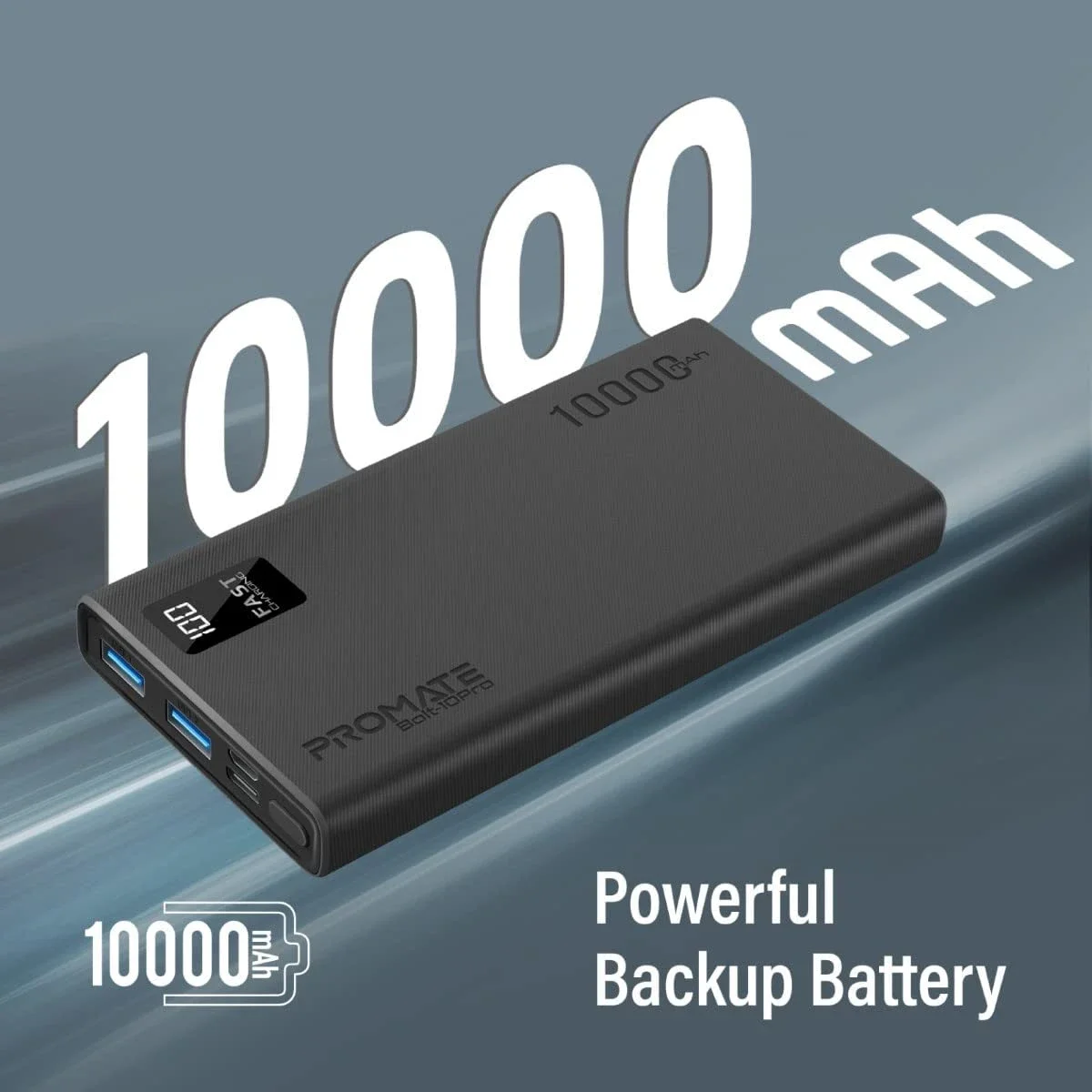 Promate Bolt-10Pro 10000mAh Ultra-Slim Power Bank with 10W USB-C and Dual USB - Black - Thumbnail 3
