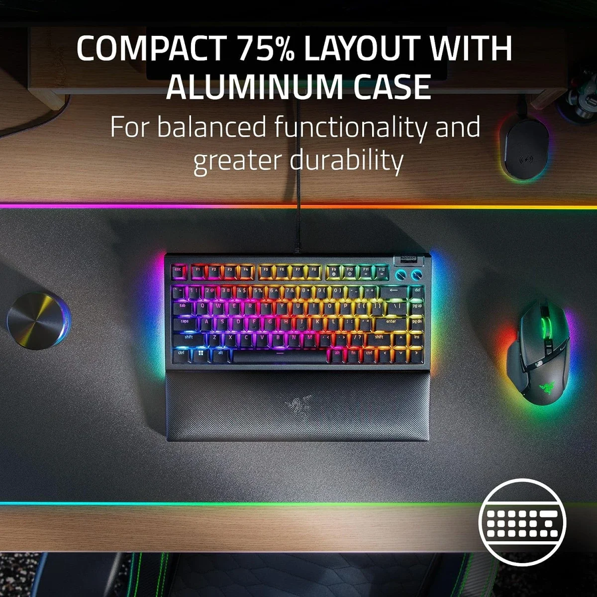 كيبورد ألعاب Razer BlackWidow V4 75% ميكانيكي قابل لتبديل السويتشات مع سويتشات برتقالية لمسية - أسود - Thumbnail 3