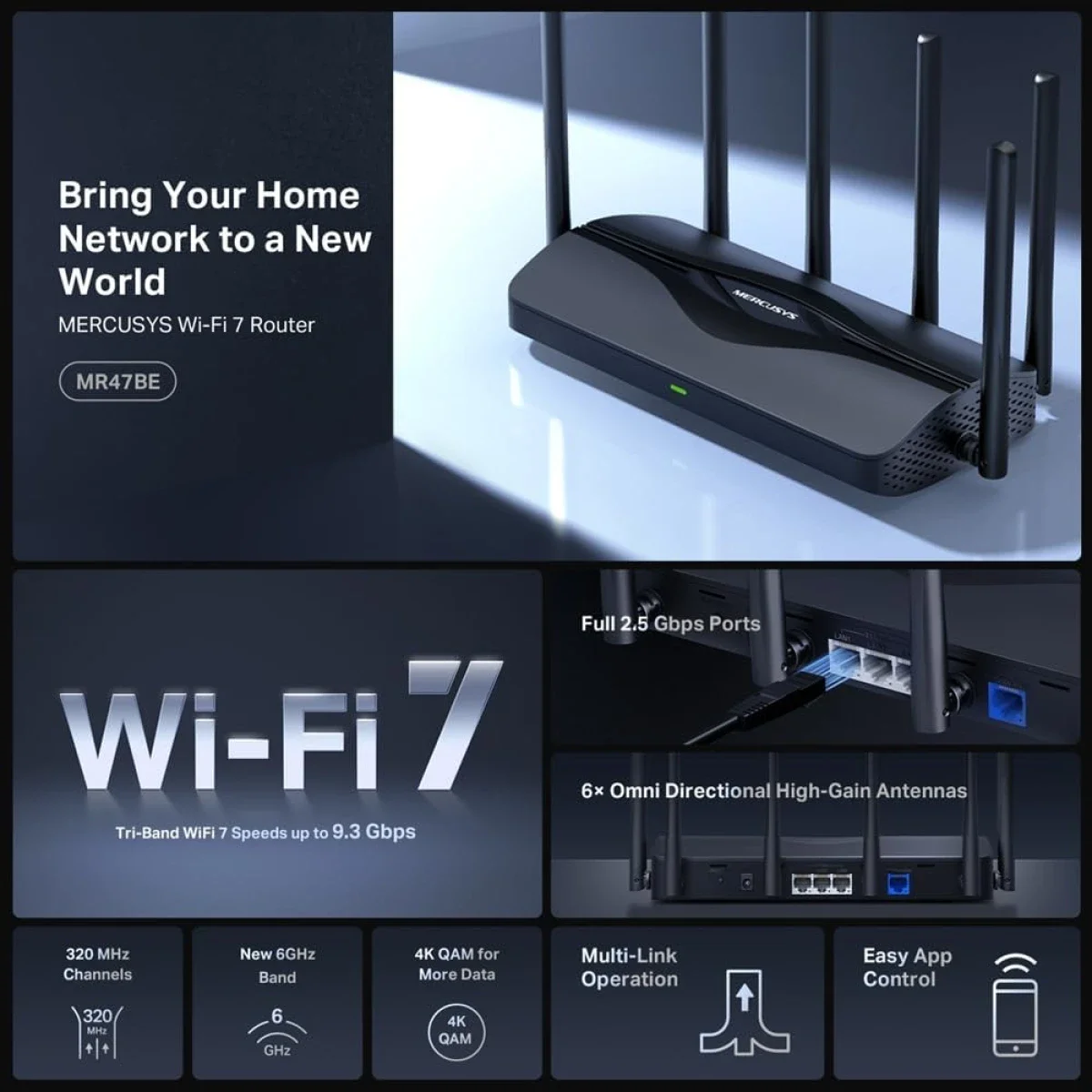 MERCUSYS MR47BE BE9300 Tri-Band Wi-Fi 7 Router with 4× 2.5Gbps Ports - Thumbnail 5